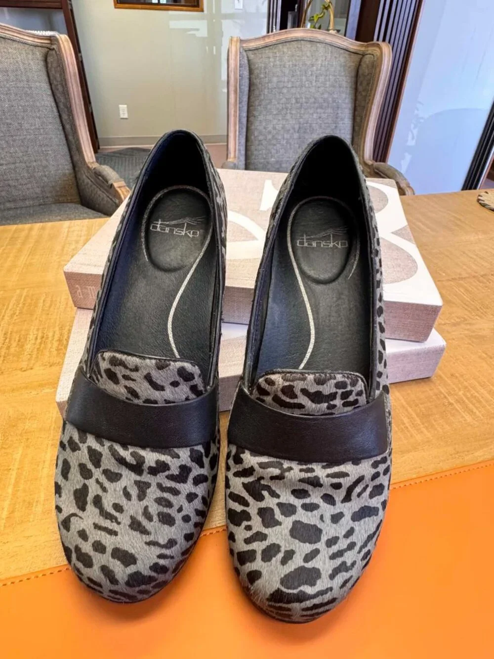 Dansko Leopard Print Leather Loafers | Gray Calf Hair Comfort Shoes | EU 38